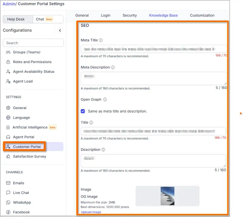 Customer portal SEO settings interface; includes meta title, description, image upload, and sidebar navigation menu.