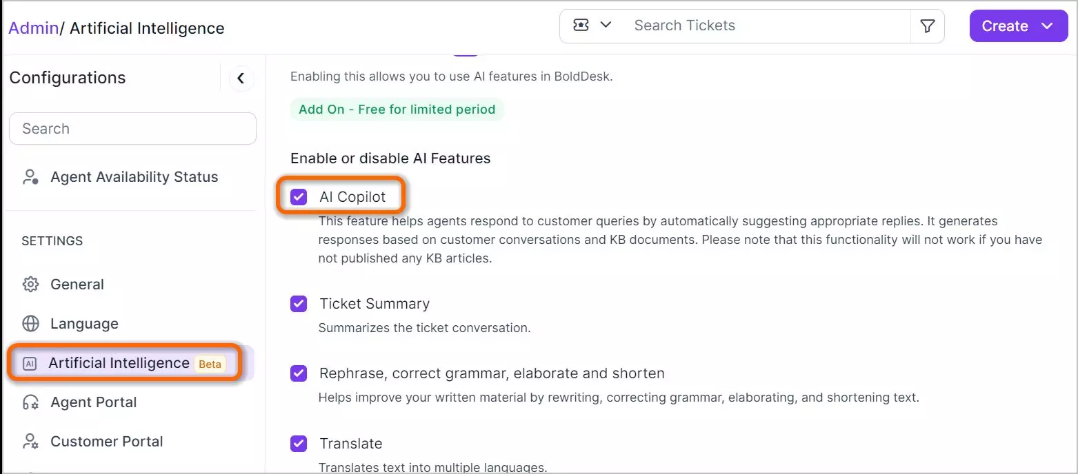 BoldDesk AI settings screen with 