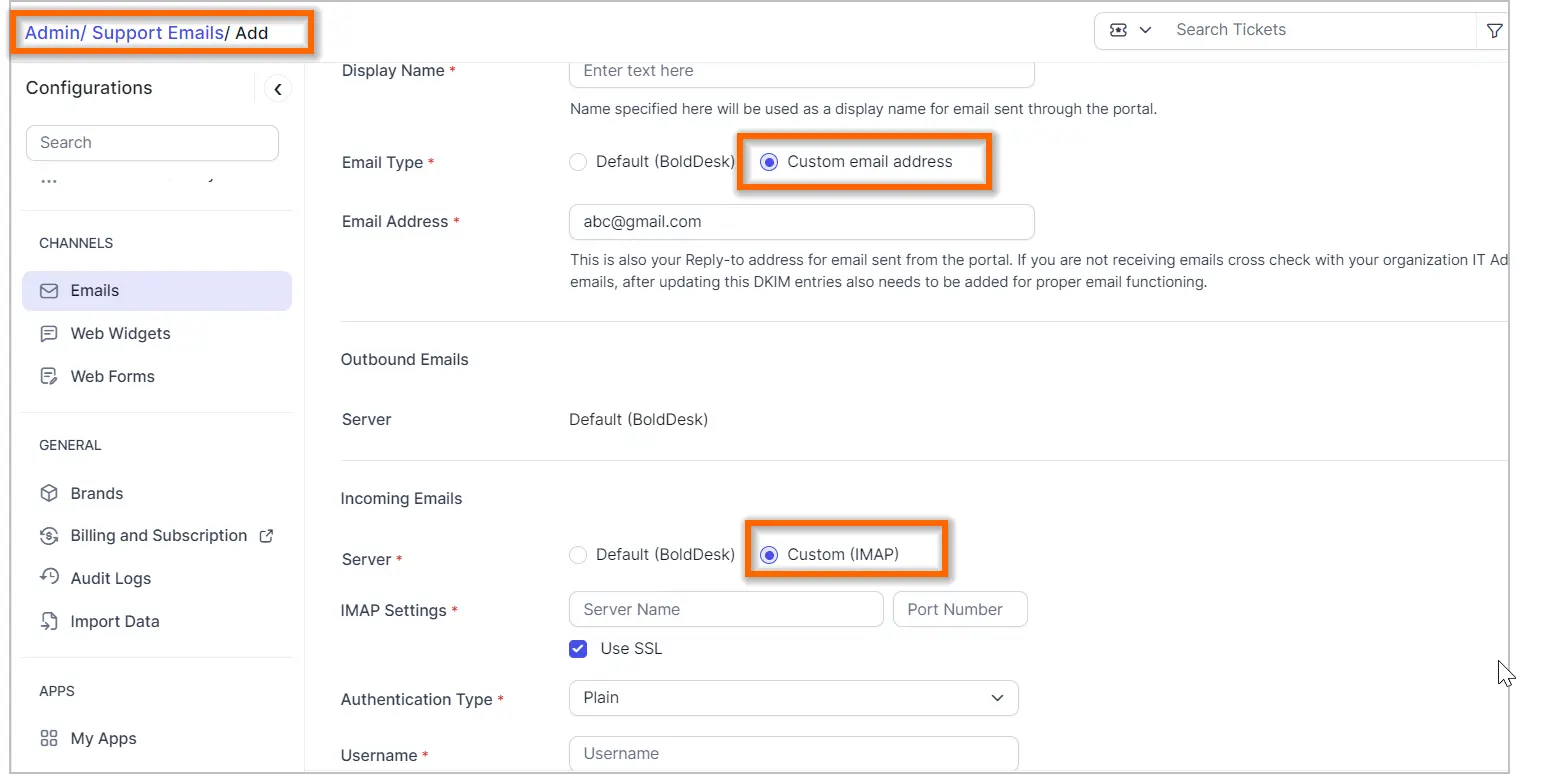 Interface for configuring admin support email; custom IMAP selected with fields for name, server details, and auth method. 