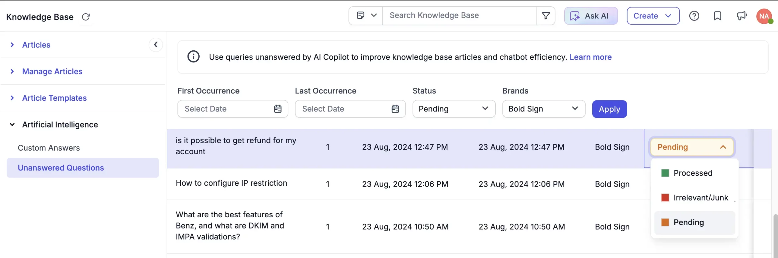 Knowledge base UI with unanswered questions table showing timestamps, brand names, and statuses like Processed or Pending.