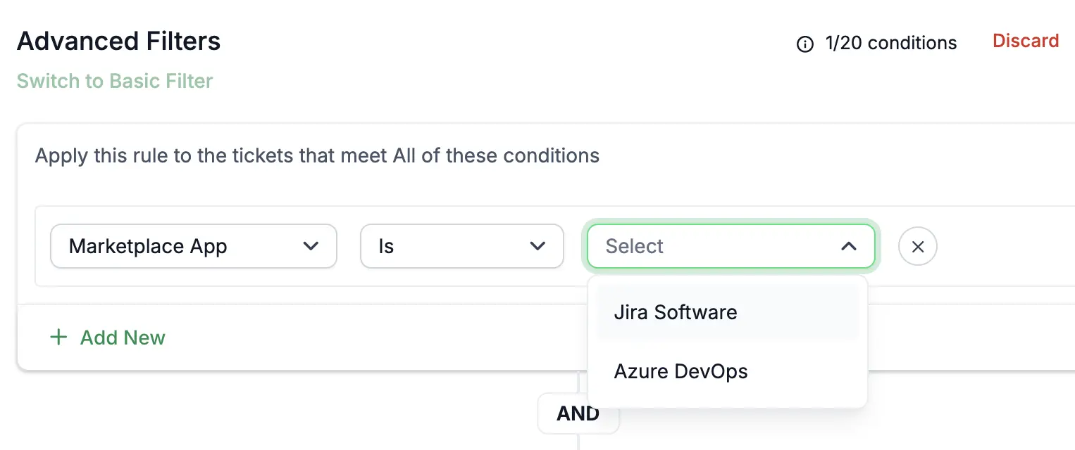 Interface for advanced filters with dropdown options Jira Software and Azure DevOps; 'Add New' button located below.
