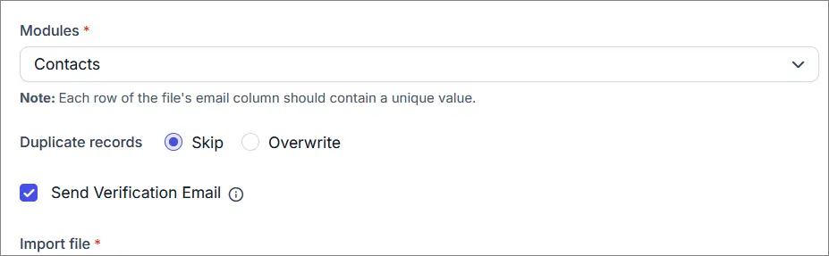 Dropdown menu with “Contacts” selected; options to skip or overwrite duplicates; “Send Verification Email” is checked.