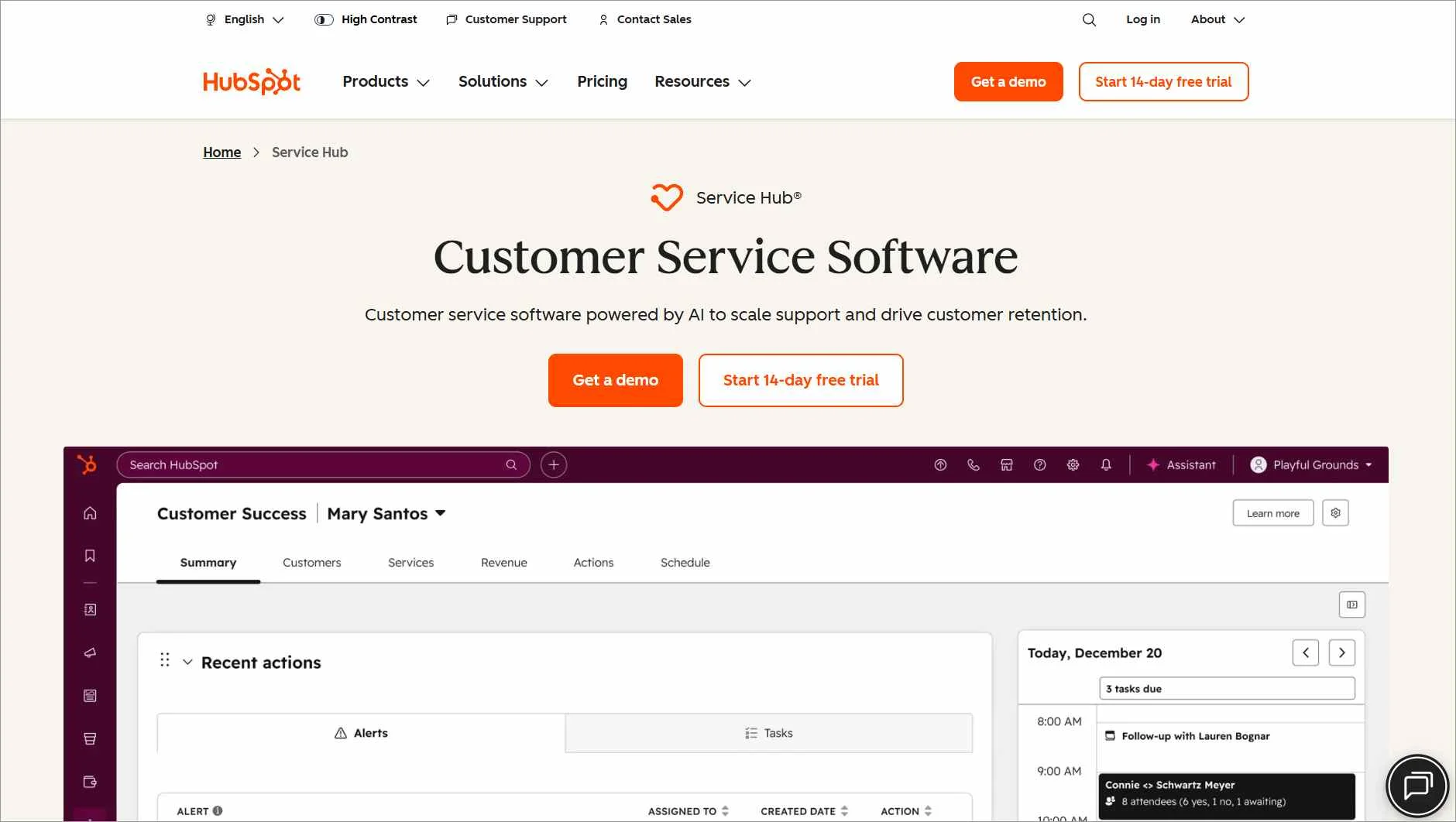 HubSpot Service Hub best ticketing software homepage with AI‑powered support messaging, product navigation, and demo and trial buttons.