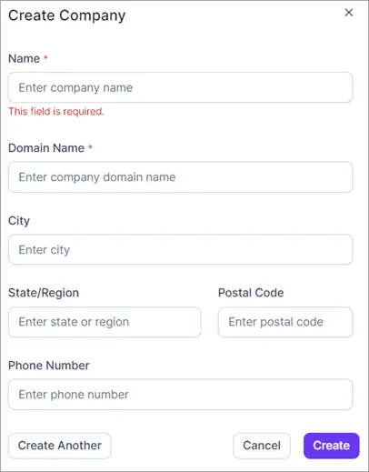 'Create Company' form with fields for name, domain, city, state, postal code, phone; purple 'Create' button highlighted.