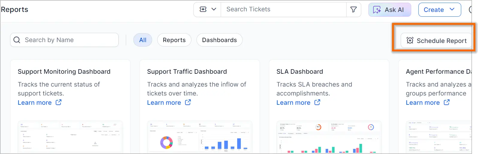 Report dashboard listing Support Monitoring, Traffic, SLA, Agent Performance; 'Schedule Report' button stands out top right.