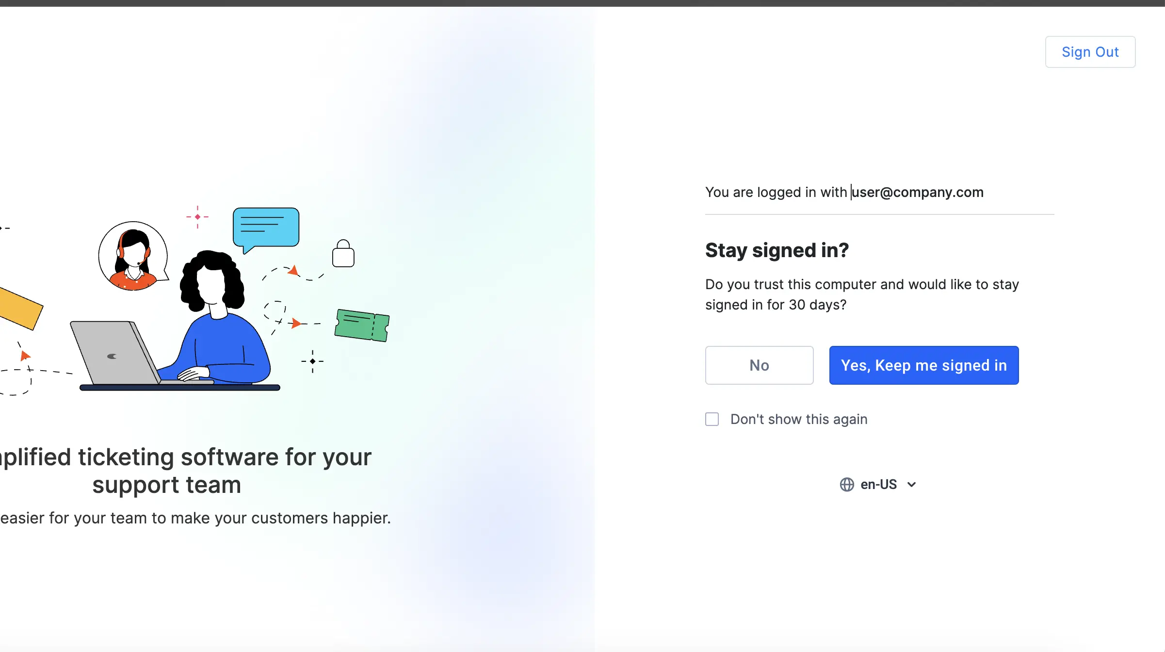 Ticketing login screen with chat/security illustration and 30-day sign-in prompt with Yes/No buttons.
