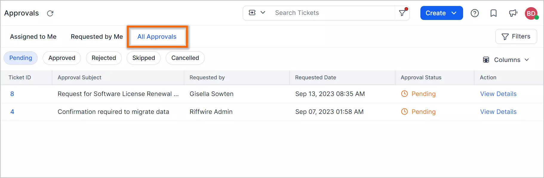 Approval dashboard screenshot with two pending requests; tabs for Pending, Approved, Rejected; 'View Details' buttons shown.