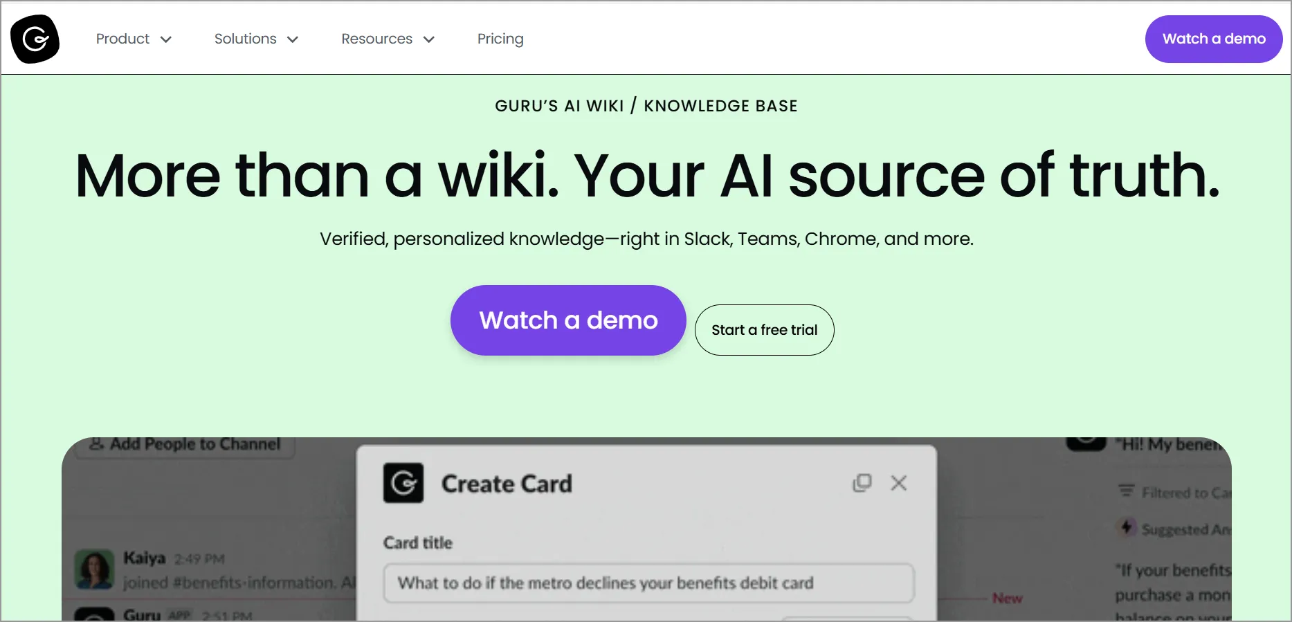 Guru AI Wiki webpage labeled 'AI source of truth,' with green background, and sample card creation interface