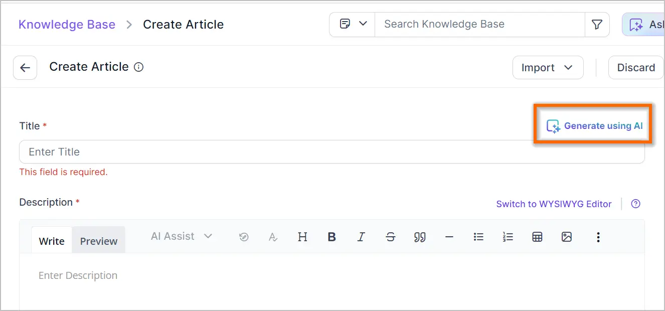 KB interface for new article creation; title and description fields visible, “Generate using AI” button highlighted.