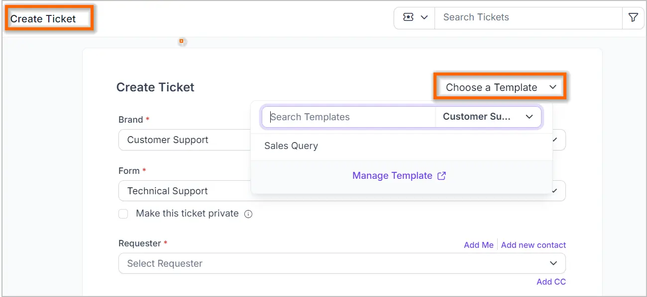 Support ticket form UI with dropdowns for brand, form type, and requester, plus visible checkboxes.