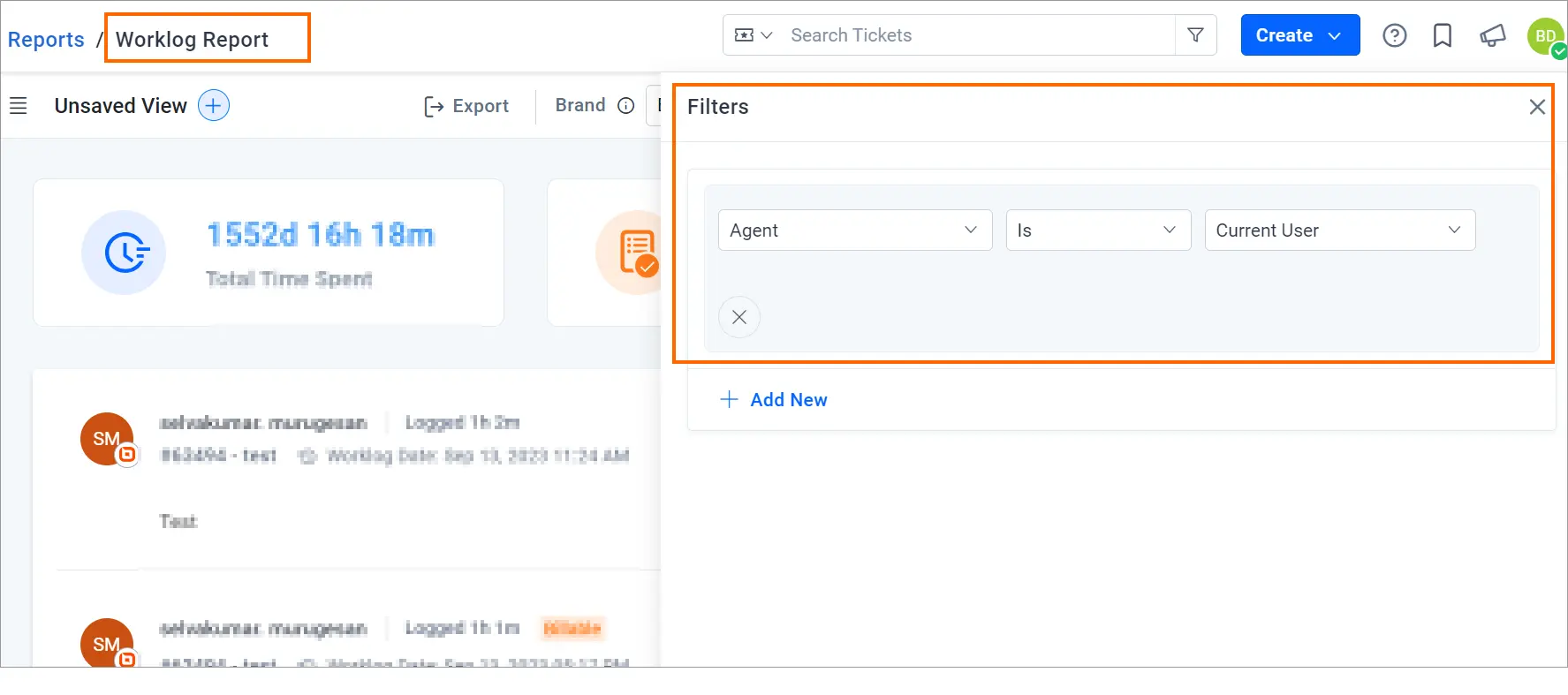 Worklog Report dashboard with filters, ticket details, and time totals; clean, modern UI for tracking user activity.
