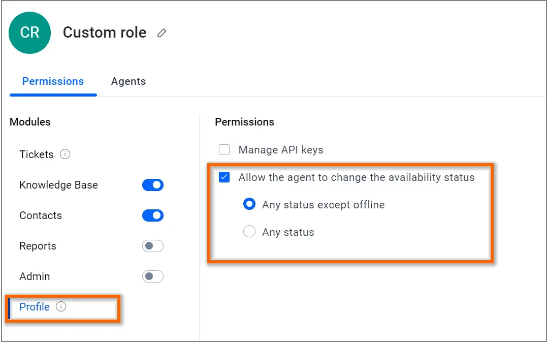 Custom role settings UI with modules like Tickets, KB, Contacts; 'Any status except offline' permission is selected.