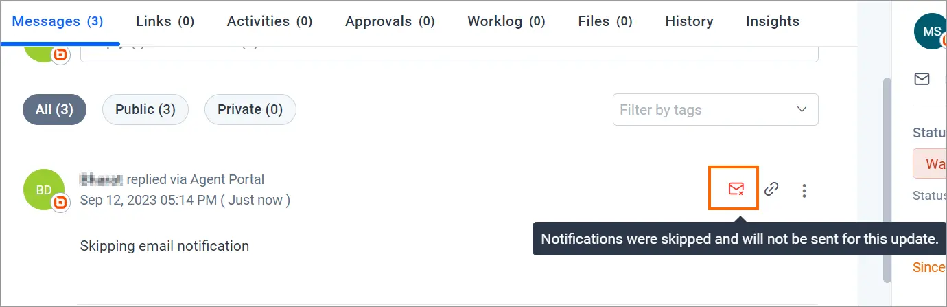 Email interface with message from agent portal; notification icon highlighted; text notes that notifications were skipped.