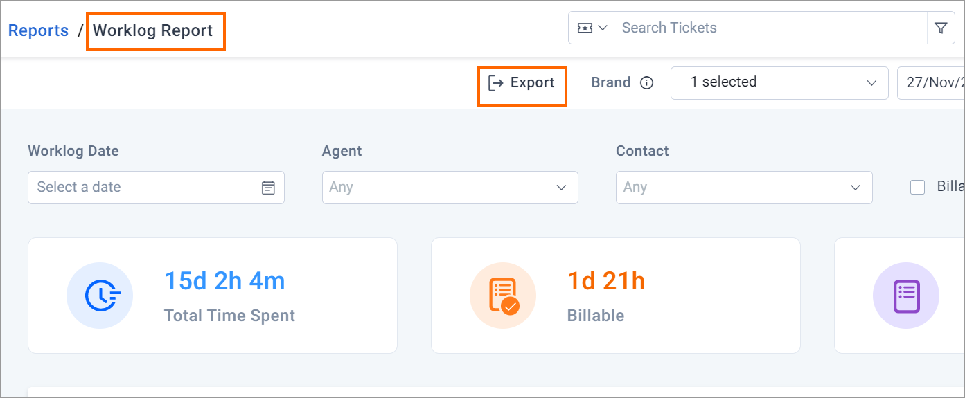 Worklog report UI with date, agent, contact filters; shows 15d 2h 4m total, 1d 21h billable; export button highlighted.