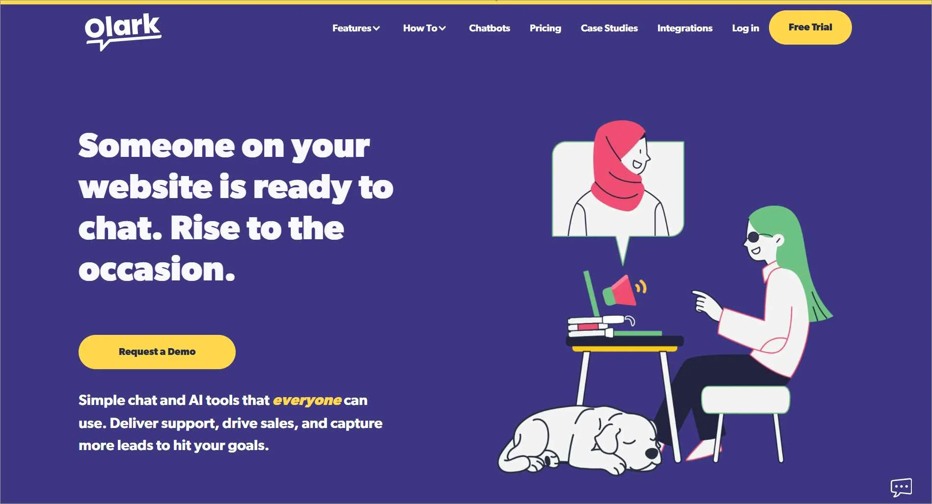 Illustration shows Olark interface: two people chatting online, dog sleeping nearby, text says “Rise to the occasion.” 