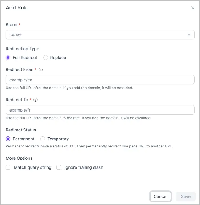 Dialog for URL redirect rule showing Brand selection, redirect type, URL fields, and status: Permanent or Temporary.