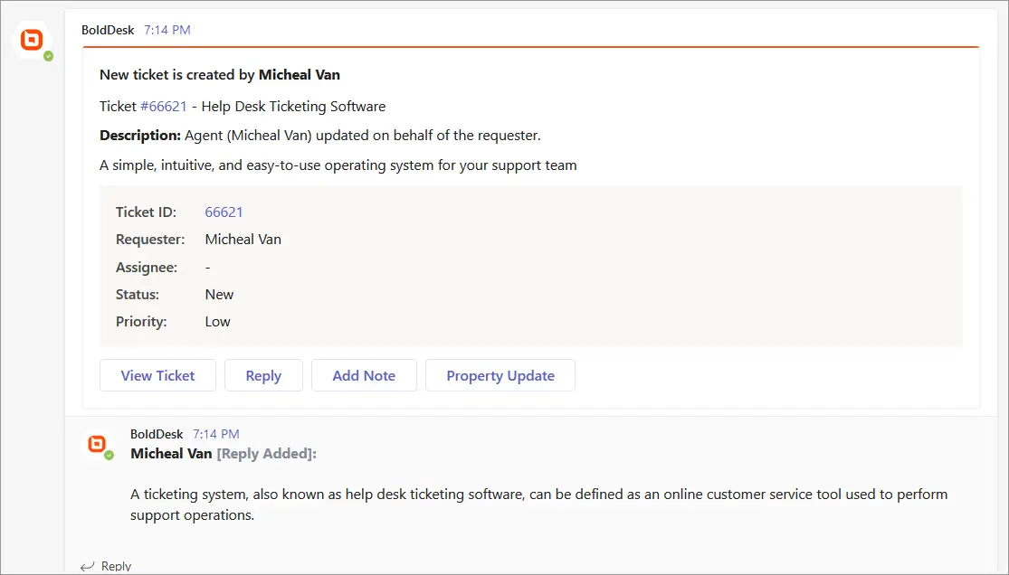 Screenshot of BoldDesk software showing ticket 66621 created by Micheal Van; status 'New', priority set to Low.