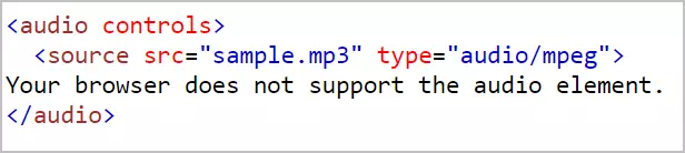 HTML snippet with audio controls referencing a sample MP3 file; includes fallback text for unsupported browsers.