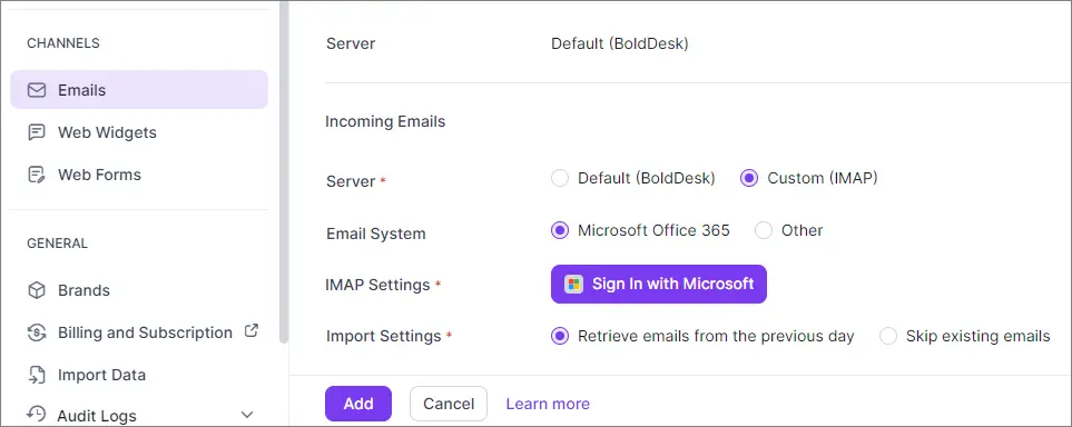 Email settings UI with incoming email options, server choices, IMAP settings, and 