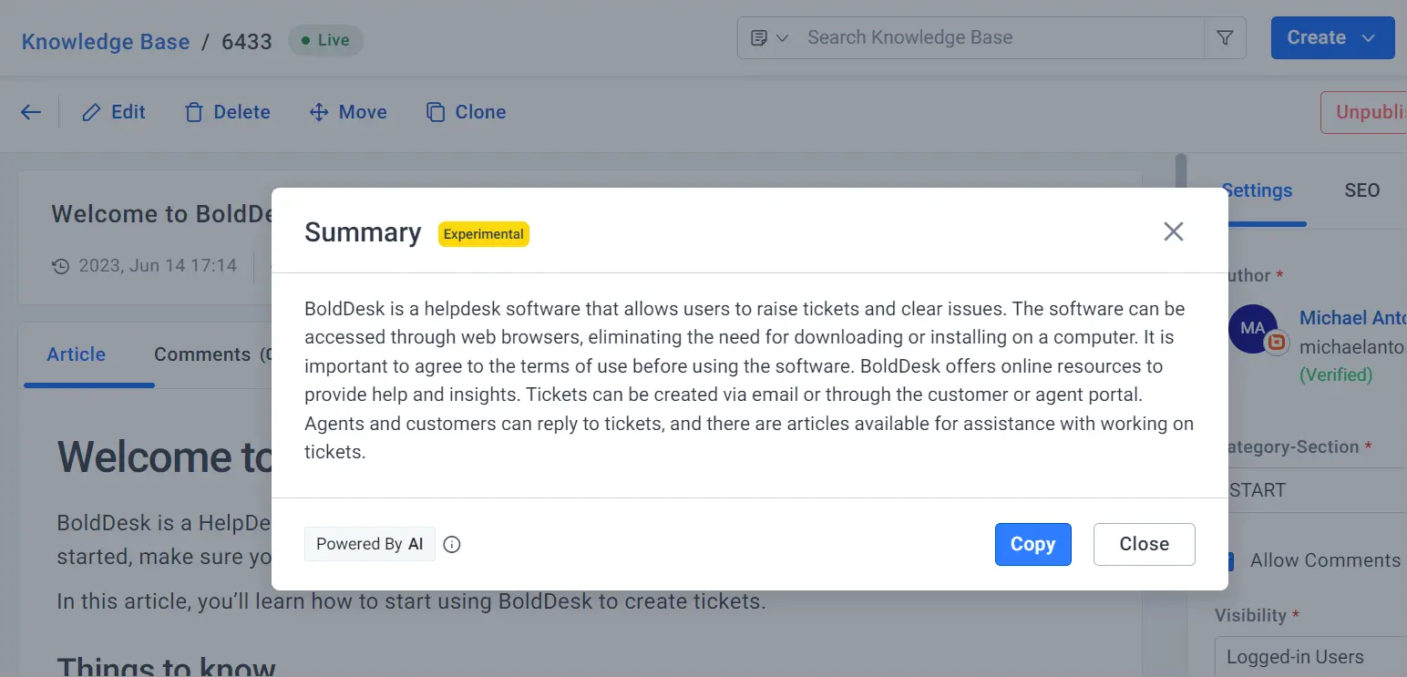 Interface view of BoldDesk knowledge base with active 'Summary' overlay describing key features and usage instructions.