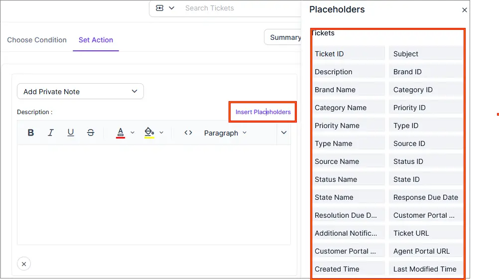 Interface showing note editor with formatting options; sidebar includes ticket fields like ID, Subject, and Priority.