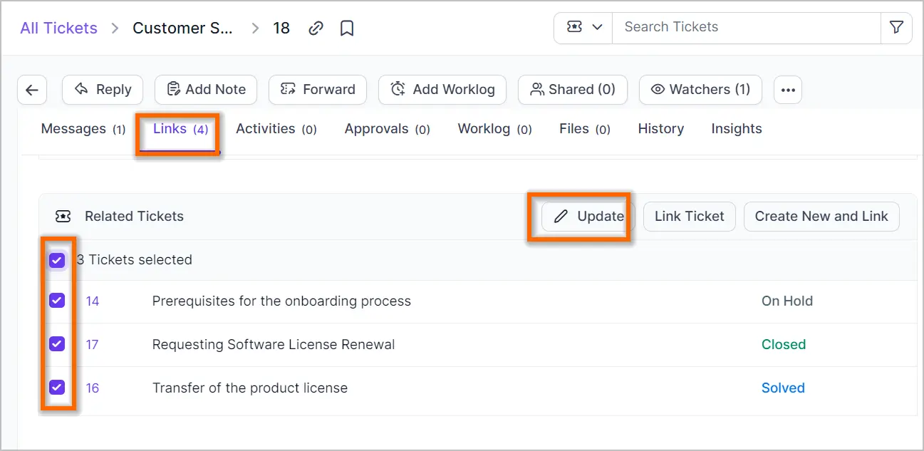 Support dashboard with three tickets selected under