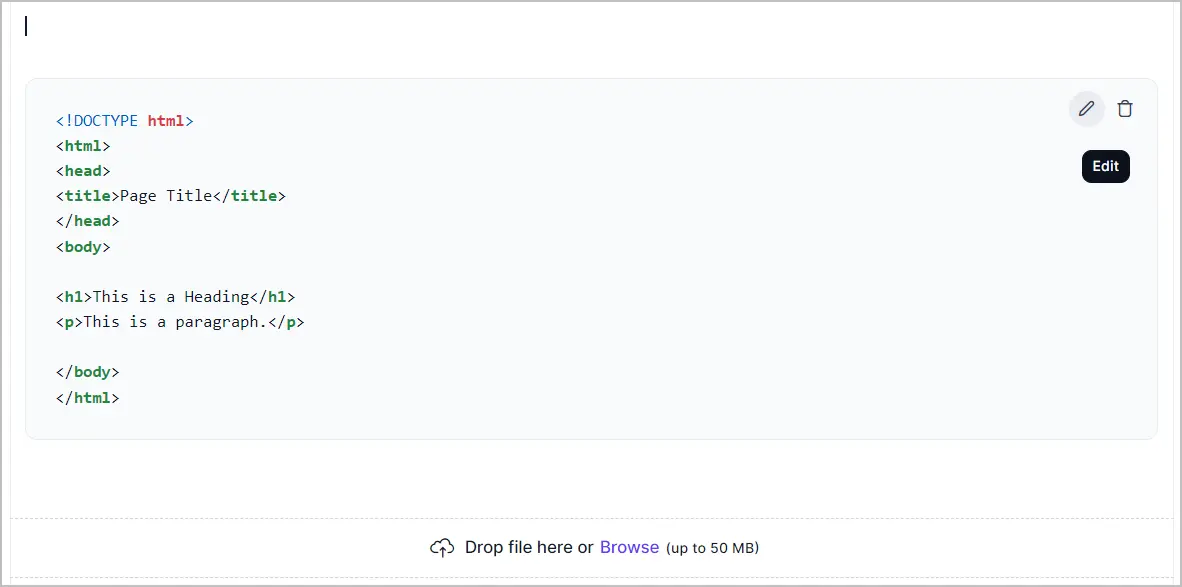 Interface showing HTML code for a simple page; includes title, heading, paragraph, and visible editing options.