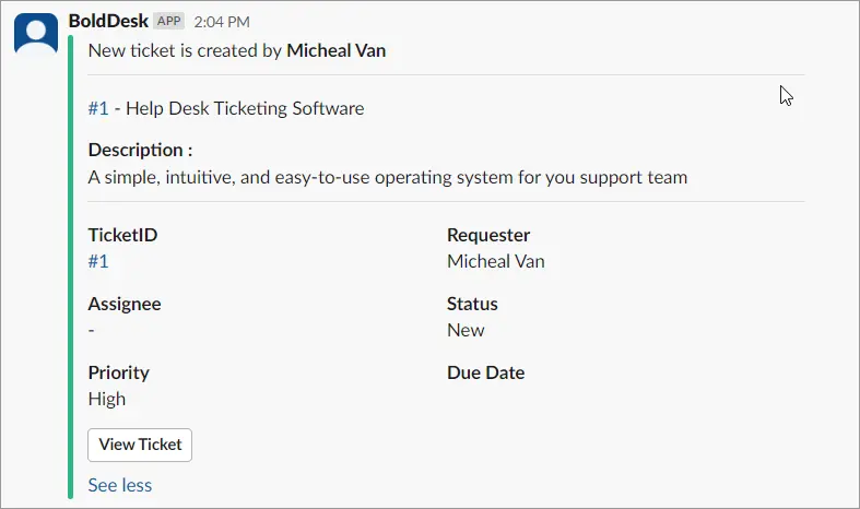 BoldDesk notification shows new ticket by Micheal Van for help desk software; marked high priority with no assignee.