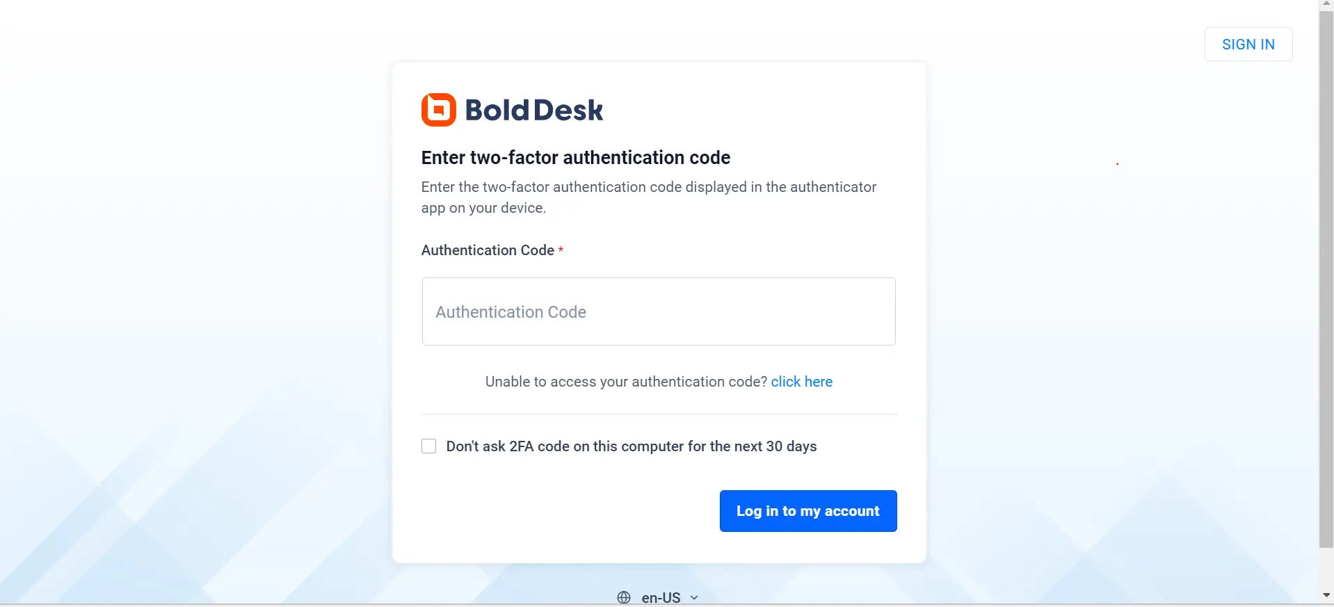 BoldDesk 2FA page with code input centered; includes skip 2FA checkbox, login button, and light blue geometric background.