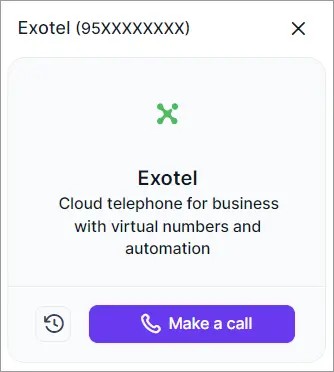 Popup interface for Exotel showing phone icon, virtual number details, and a purple button to initiate a voice call.