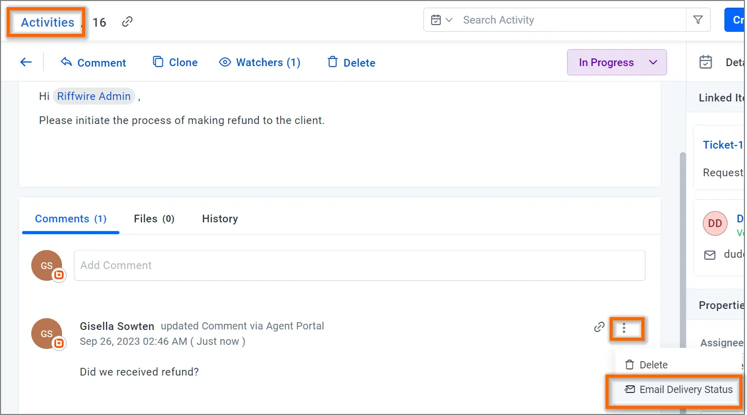 “Activities” screen shows refund task in progress with notes by Gisella Sowten; interface is clean and well-organized.