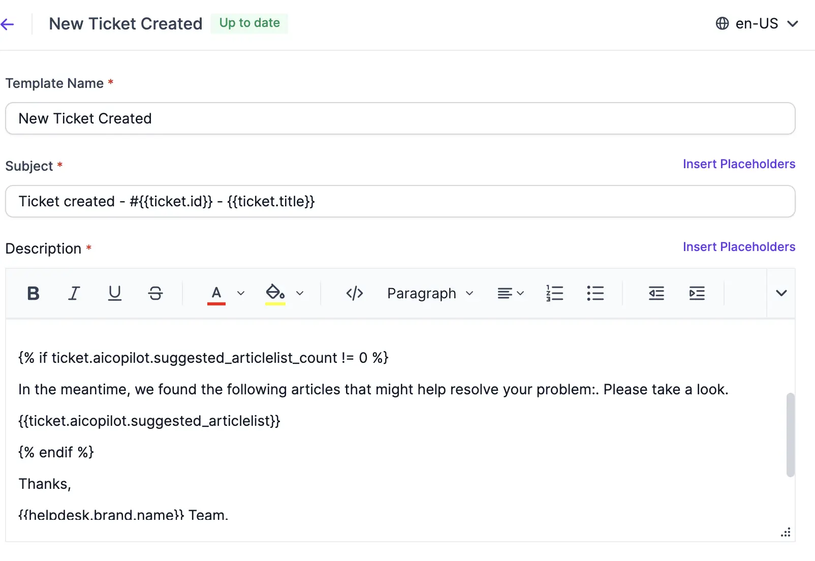 Screenshot of email template editor; subject uses ticket placeholders, description includes conditional article suggestions.
