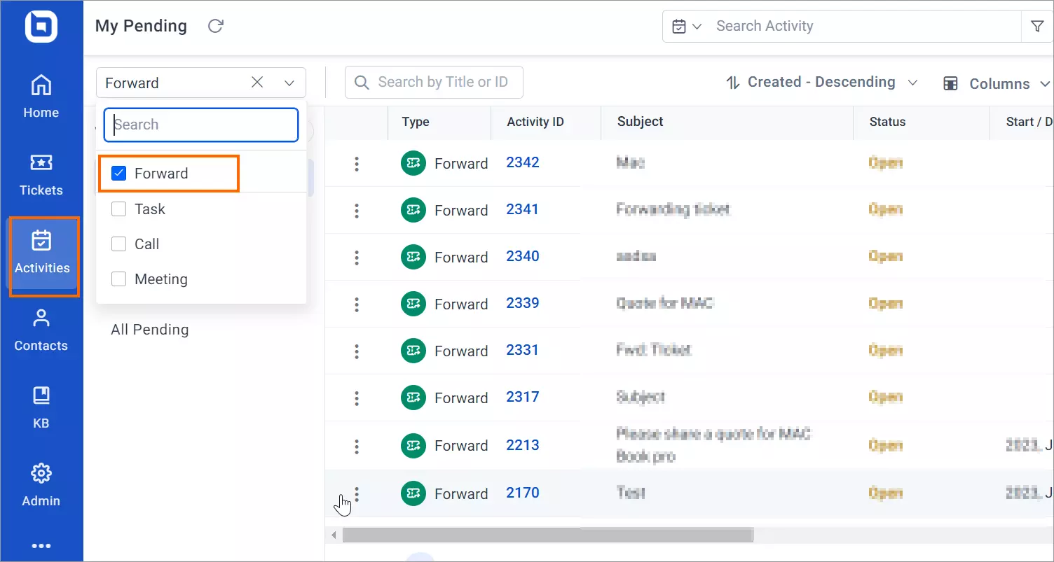 Task UI showing 'Forward' activities; sidebar navigation and open tasks emphasized with ID, subject, and status.