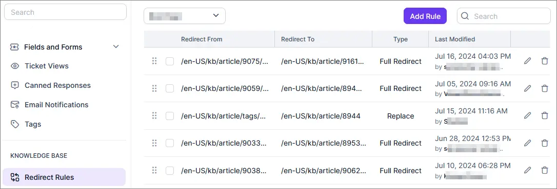 Redirect rules UI with columns, sidebar navigation, “Redirect Rules” highlighted, and “Add Rule” button shown.