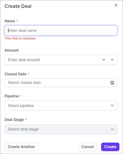 Screenshot of Create Deal form showing fields like Name, Amount, Closed Date, Pipeline, Deal Stage; action buttons included. 