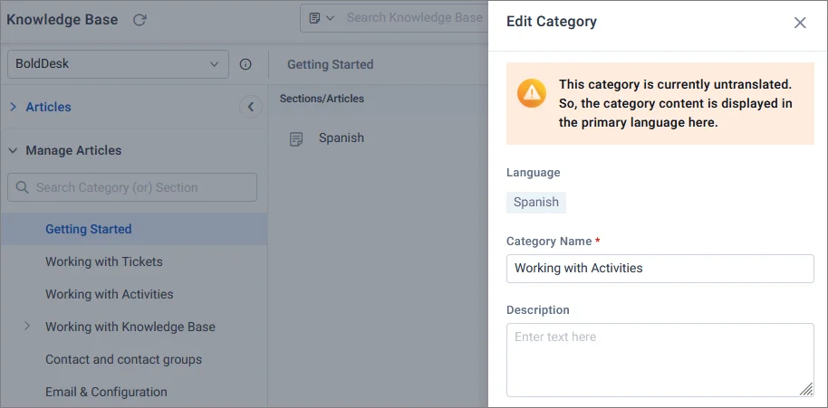Interface for editing KB article; Spanish chosen, category set, warning about defaulting to primary language shown.