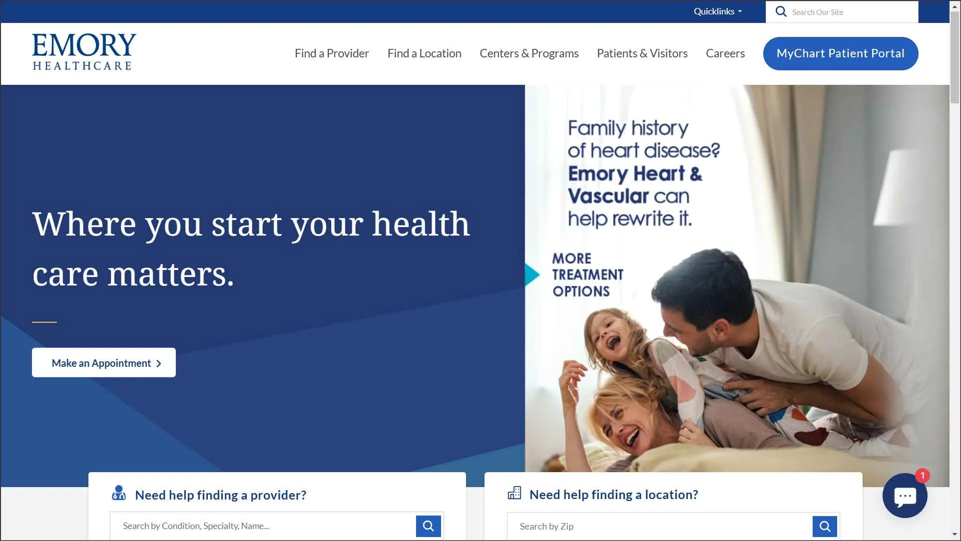 Emory Healthcare webpage promoting heart and vascular services, highlighting patient centered care and family focused healthcare.