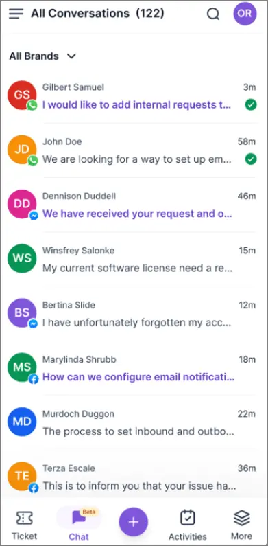 User-friendly chat screen with eight recent conversations; names, timestamps, and message previews are clearly displayed.