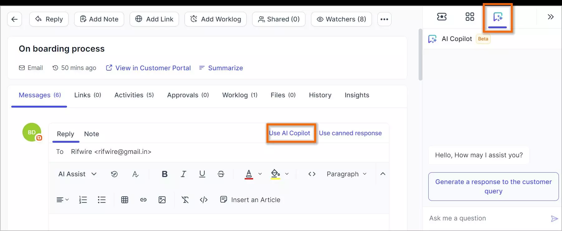 Interface displaying email titled “On boarding process”; AI Copilot option and support sidebar are visible.