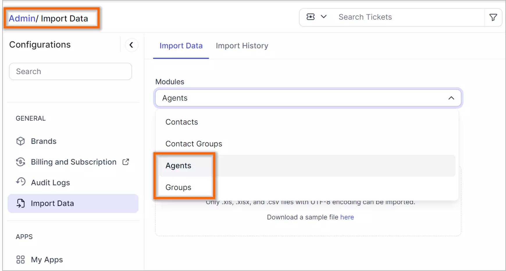 Admin panel screenshot showing 'Import Data' section with dropdown listing 'Agents' and 'Groups' in a clean layout.