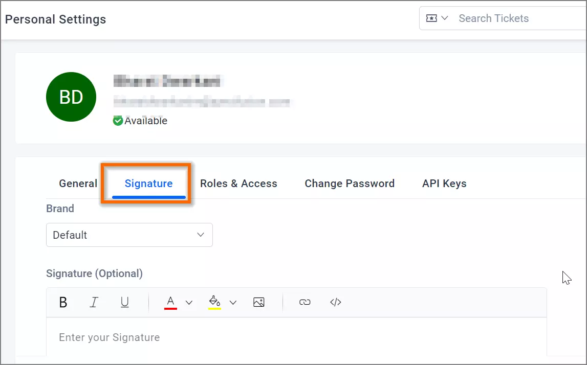 UI shows Personal Settings with Signature tab active; signature editor and green availability icon with initials shown.
