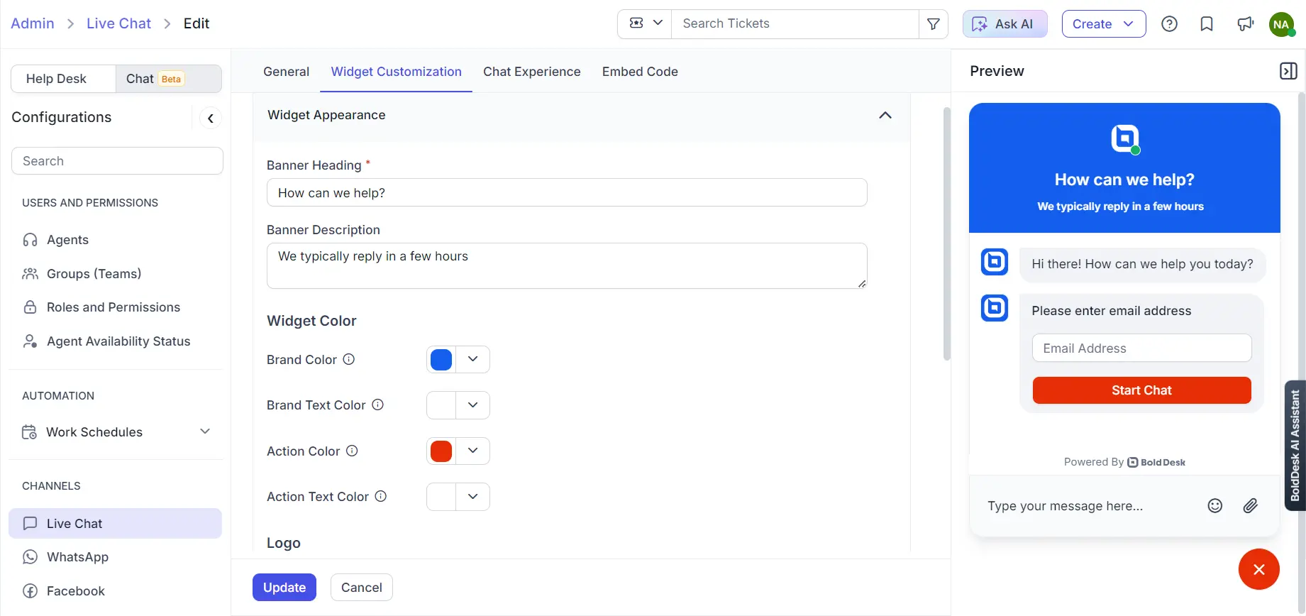 Chat widget setup screen with fields for heading, description, color; preview shows blue banner and start chat prompt.
