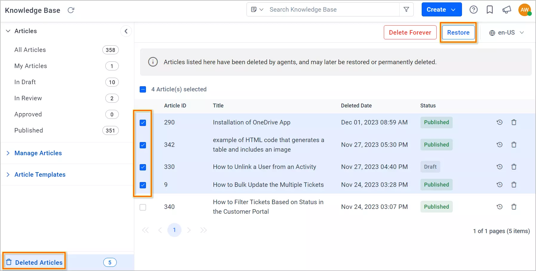 Knowledge base screen listing deleted articles with IDs, titles, statuses, timestamps; selected entries can be restored.