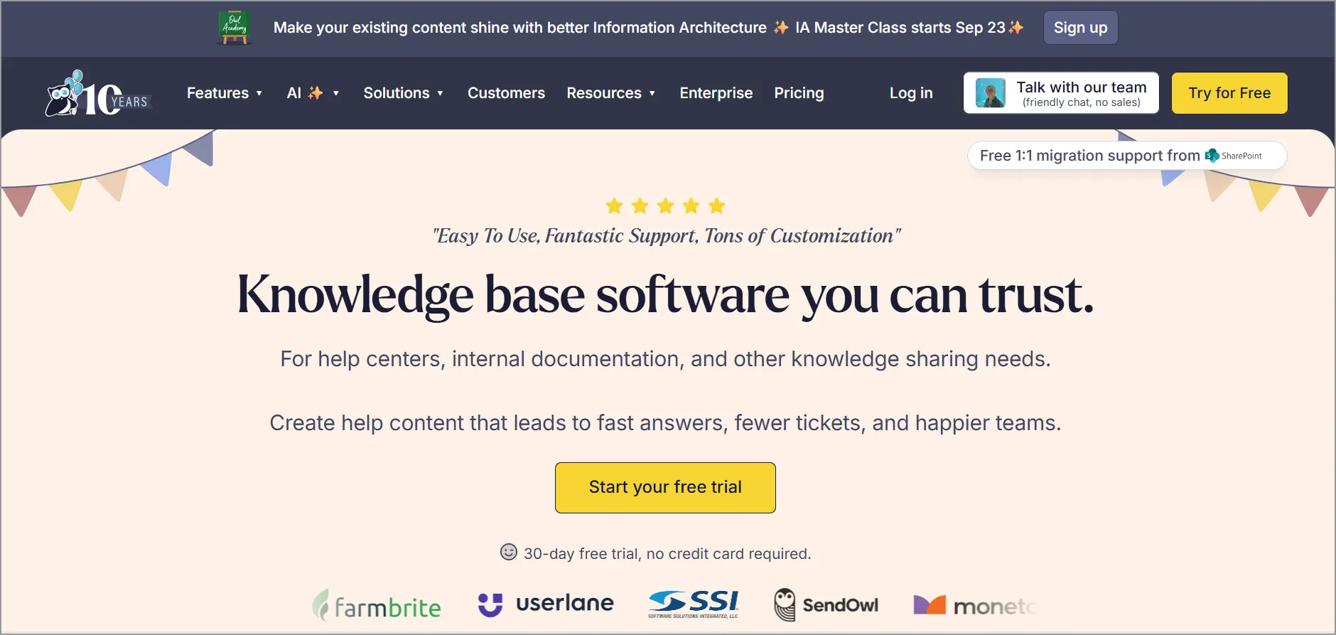 Homepage promoting knowledge base software with logo, navigation, trust message, and free trial button