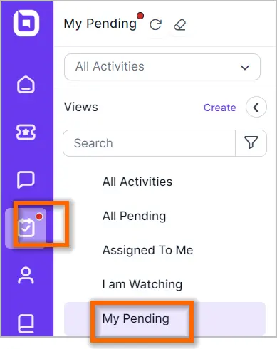 Interface with purple sidebar showing icons and “My Pending” task; red dot indicates notifications; layout feels efficient.