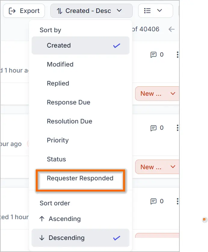 Instructional dropdown menu with sort options; “Requester Responded” highlighted in orange among Created, Modified, Priority.