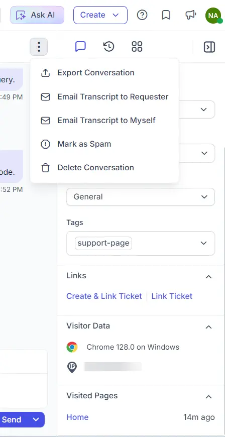 Screenshot of interface with dropdown menu open; actions include export, email, spam, delete; visitor data on right.