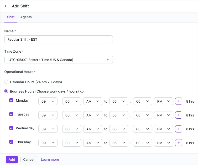 Shift scheduling UI with EST time zone selected, showing Mon–Thu operational hours from 9 AM to 5 PM.