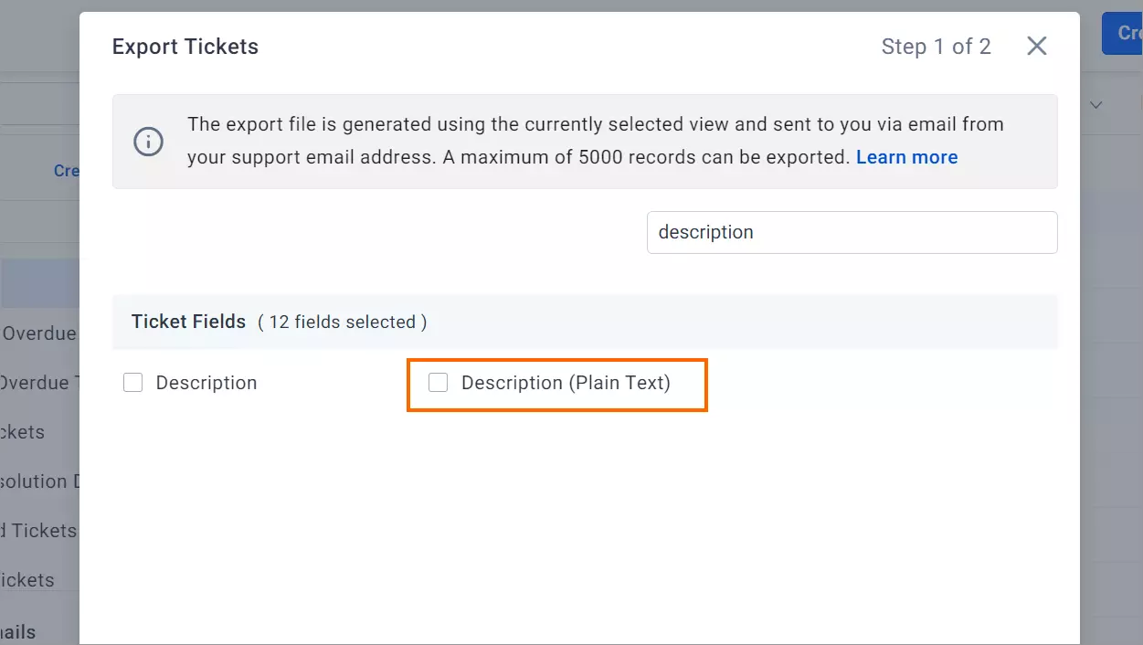 Screenshot of export window showing “Description” and “Description (Plain Text)” checkboxes; plain text option is selected.