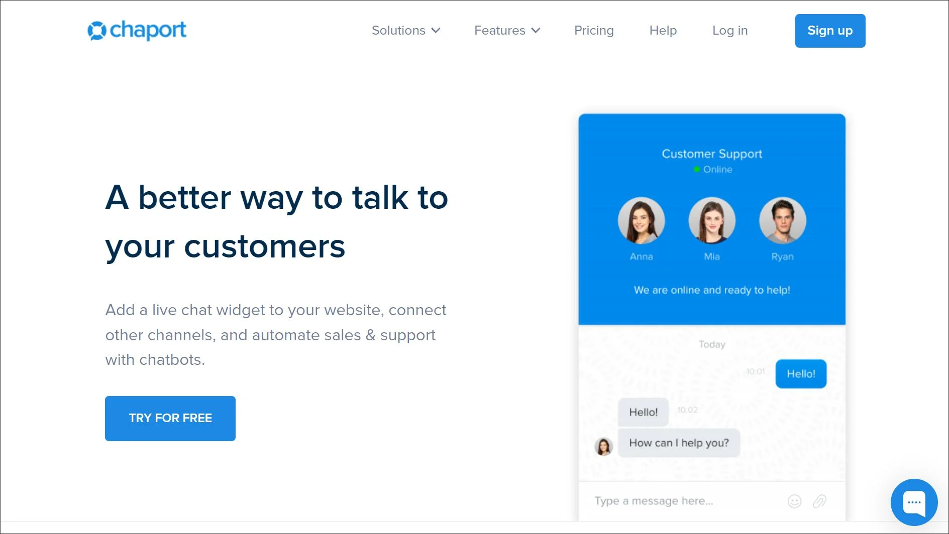 Chaport homepage with live chat widget, promo text, 'Try for Free' button, chat UI, and clean blue-white professional design.